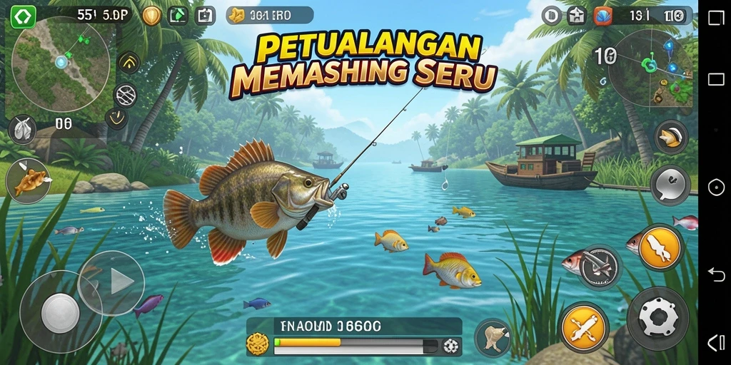 Screenshot gameplay 55RP menampilkan aksi memancing yang seru.