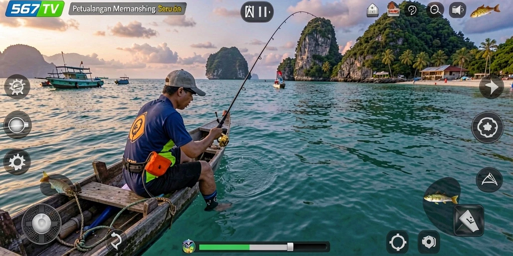 Screenshot utama 567TV menampilkan pemain yang asyik memancing di laut yang indah.
