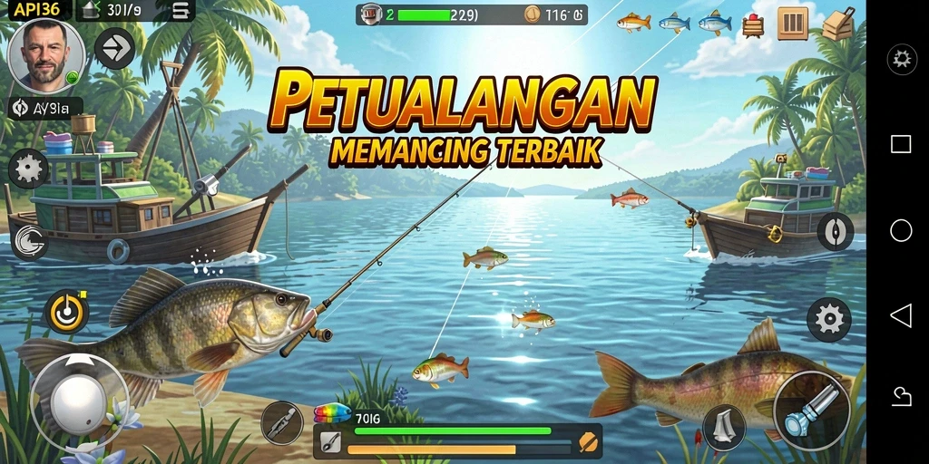 Screenshot gameplay API36 menunjukkan pemain memancing di perairan yang indah.