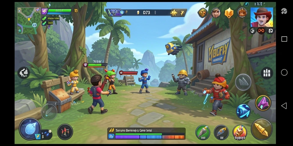 Tampilan gameplay D73 yang menarik dengan desain warna-warni.
