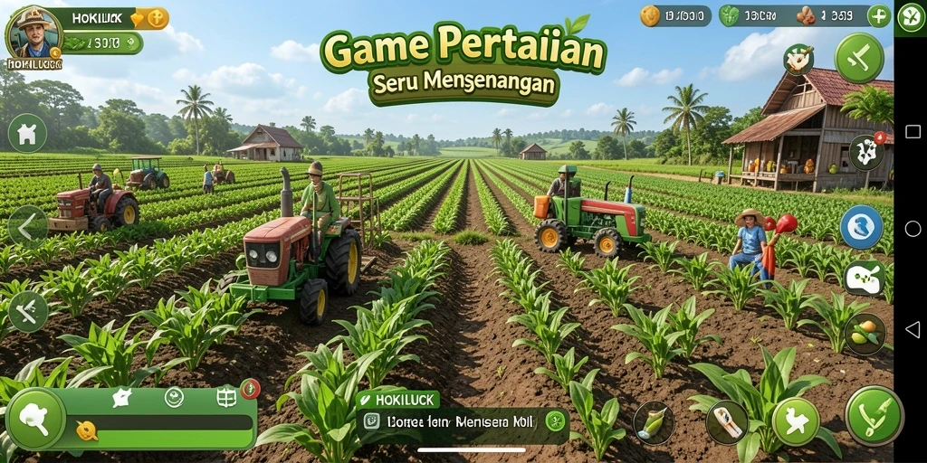 Tampilan gameplay HOKILUCK dengan ladang yang subur dan tanaman yang beragam.