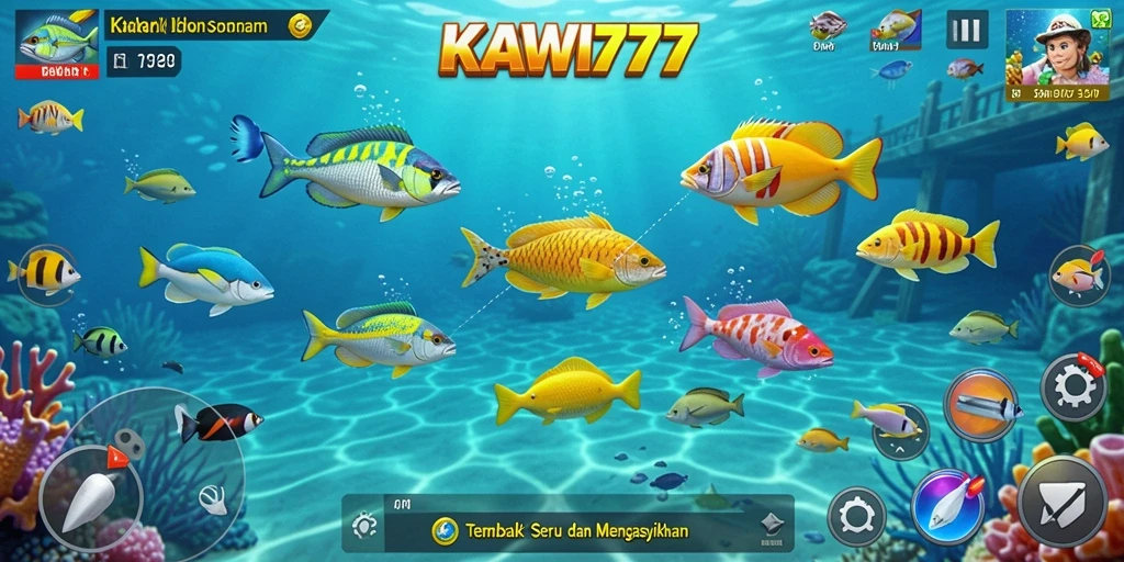 Tampilan gameplay KAWI777 dengan aksi menembak ikan yang mendebarkan.