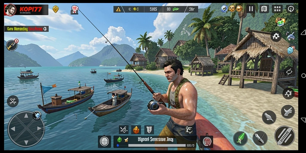 Screenshot gameplay KOPI77 menampilkan aktivitas memancing yang seru.