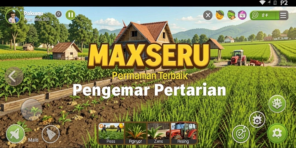 Tangkapan layar gameplay MAXSERU menampilkan ladang yang subur dengan tanaman rapi.