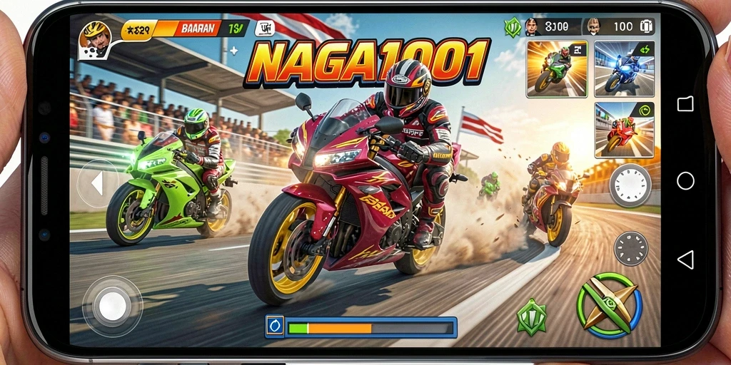Tampilan gameplay seru dari NAGA1001 saat balapan motor.