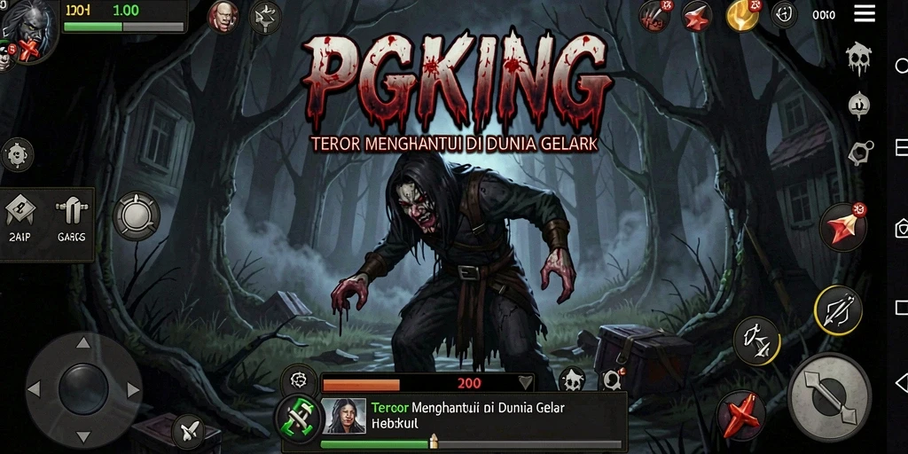 Tampilan gameplay PGKING dengan suasana menyeramkan dan makhluk mengerikan.