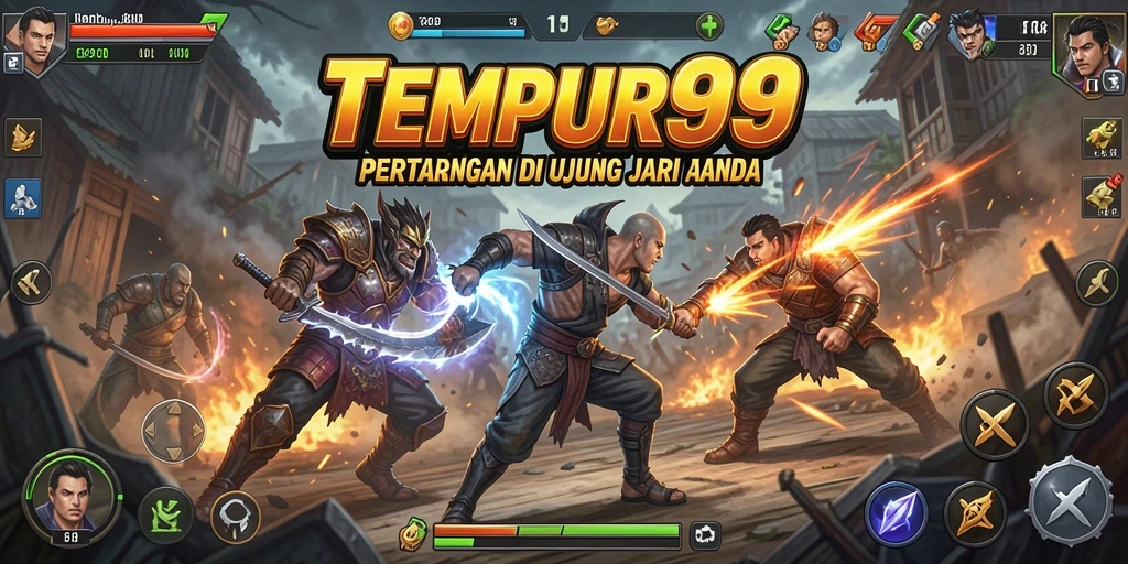 Gameplay TEMPUR99 yang seru dan penuh aksi dalam arena pertarungan.